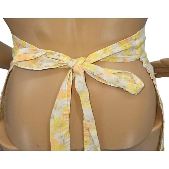 Vintage Handmade Kitchen Apron Yellow Floral Pockets Ric Rac Polka Dot Tie Waist - Picture 2 of 10